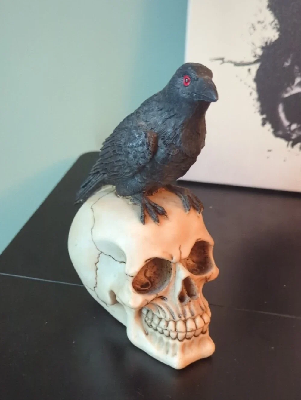 Raven and Skull Canvas Art - Black on Cream